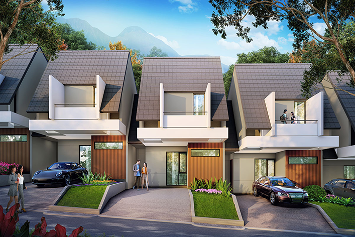 Rumah modern minimalis dengan taman depan dan garasi